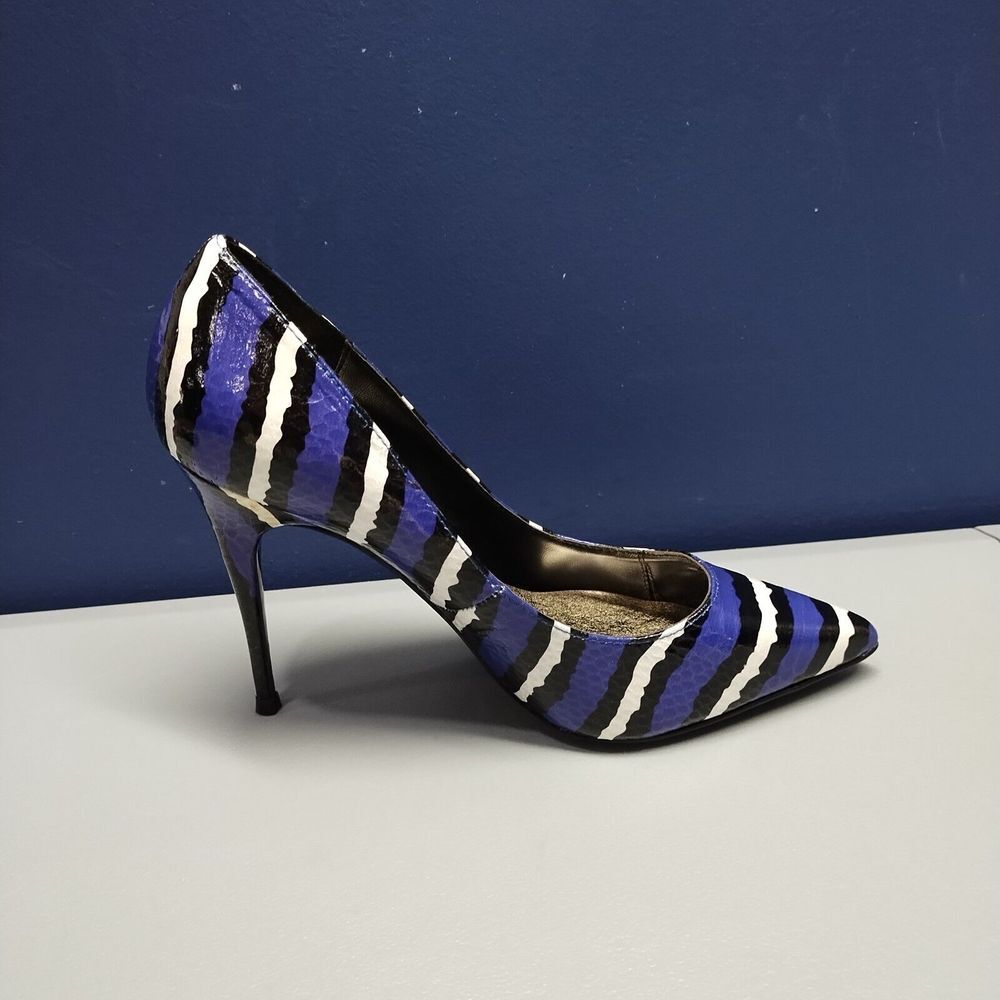 LFL Snakeskin Stiletto Pumps Heel Womens Sz 7 Purple Multi Pointed Toe Slip On - Picture 11 of 16